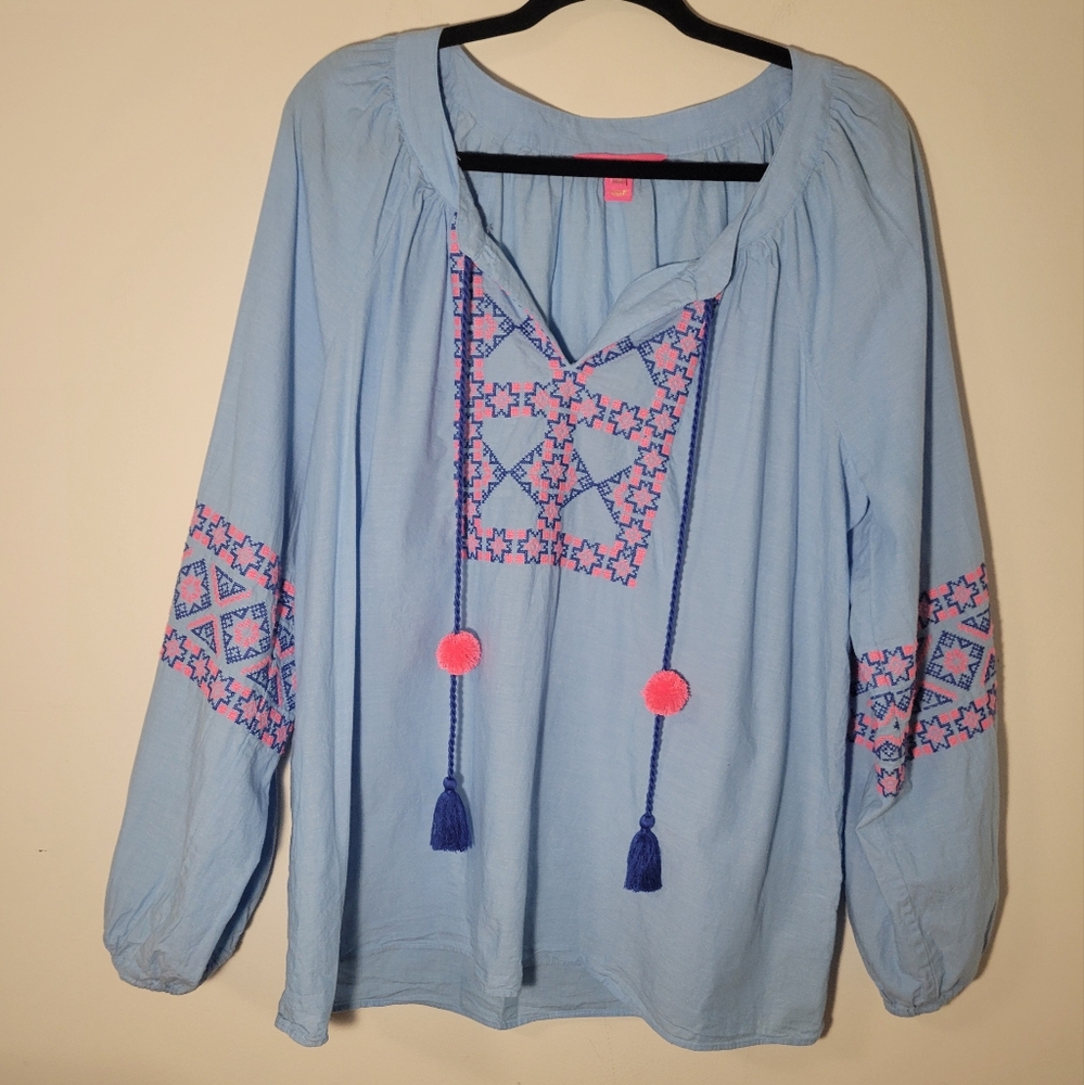 Lilly Pulitzer Blue Cecile Zanzibar Embroidered Long Sleeve Tunic Size XL